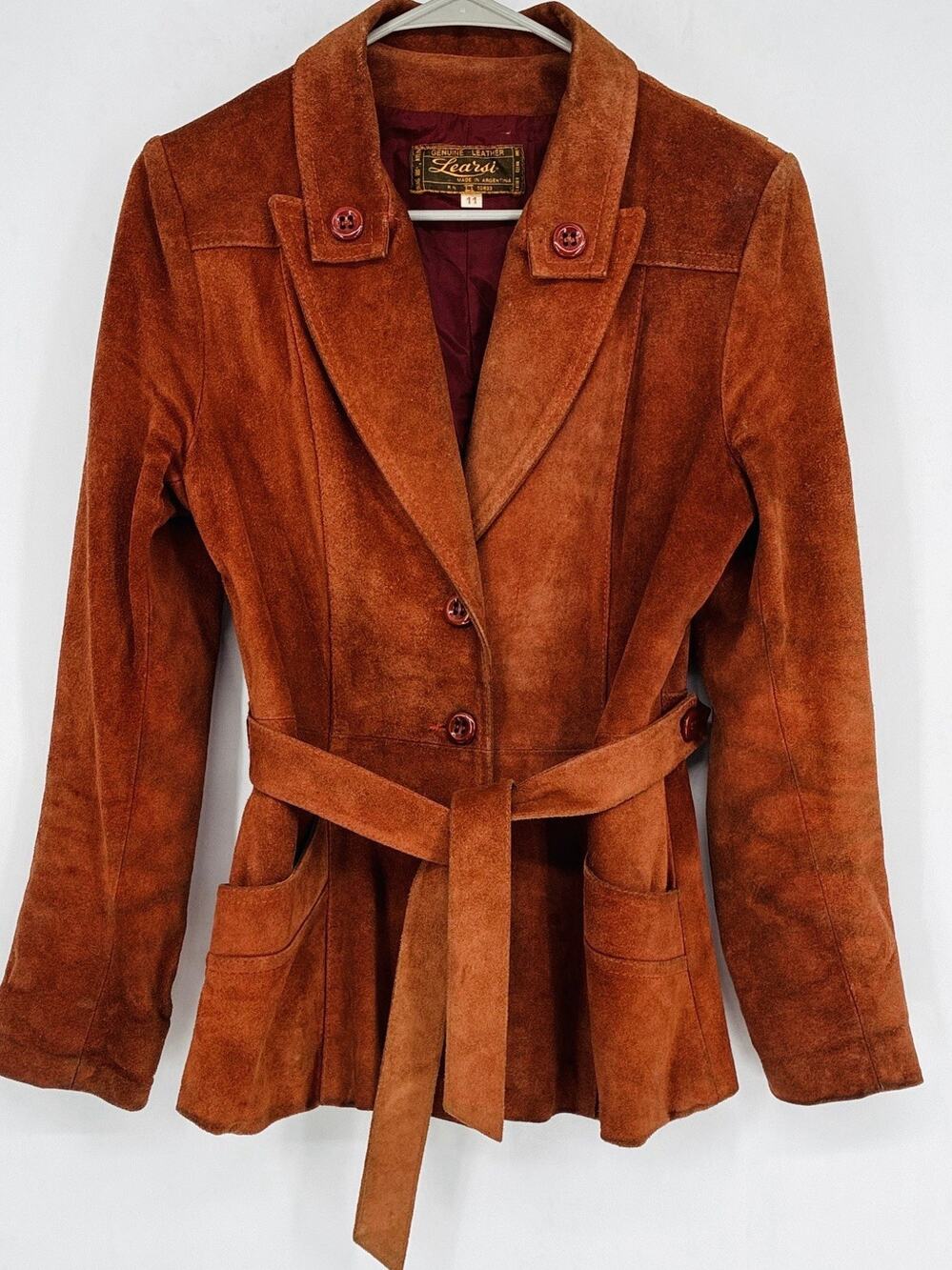 Vintage Sears Learsi Genuine Suede Leather Belted Jacket Cognac Bwn Wmn 11